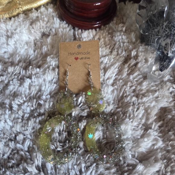 Hand Crafted Gold and Silver Dangle Resin Earrings - Picture 6 of 8